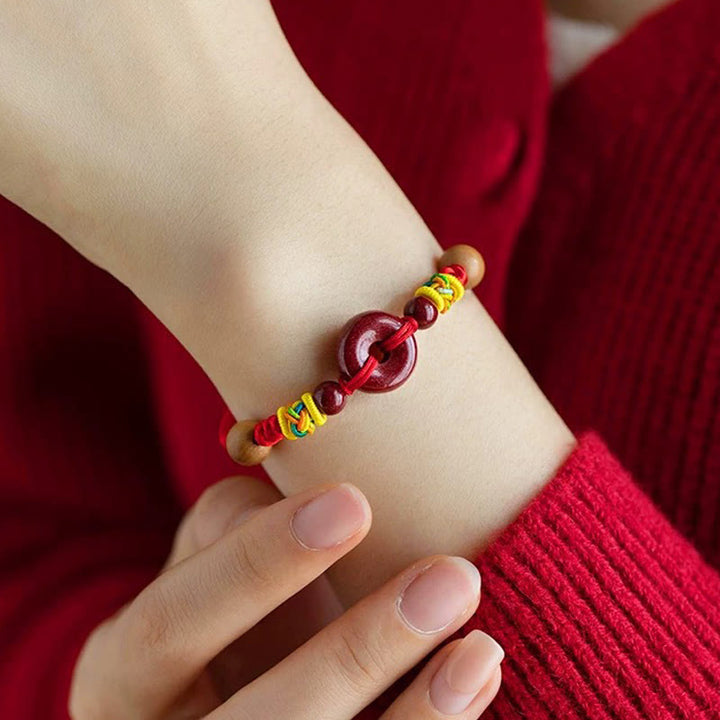 Bracelet de protection pour adultes et enfants , en bois de pêche et corde rouge, boucle de paix, cinabre - image 4