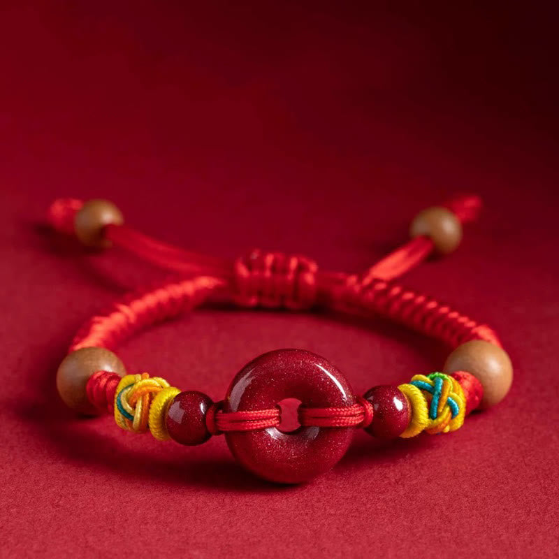 Bracelet de protection pour adultes et enfants , en bois de pêche et corde rouge, boucle de paix, cinabre - Enfant (tour de poignet : 11-12 cm) - image 1