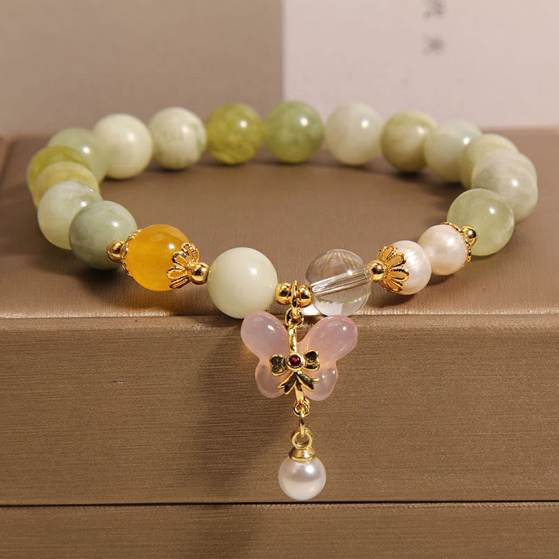 Bracelet porte-bonheur en jade et agate Yanyuan en forme de papillon naturel avec Buddha Stones - Jade serpentine (tour de poignet : 16-18 cm) - image 1