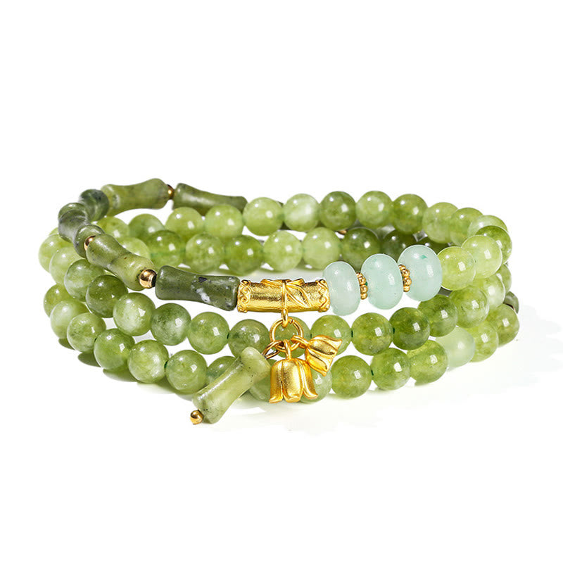 Bracelet de force multicouche rétro en bambou et calcédoine verte avec Buddha Stones - image 8