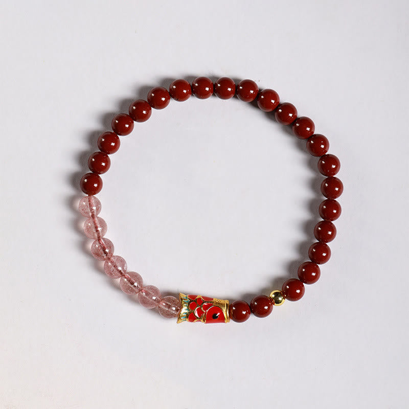 Bracelet porte-bonheur en quartz fraise , Buddha Stones naturelle de cinabre et cristal rose, poisson koï porte-bonheur - image 3
