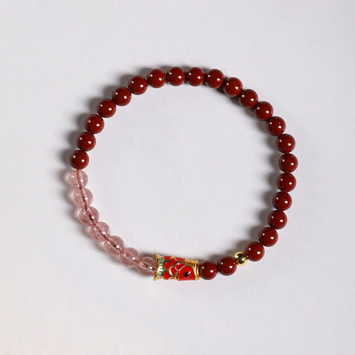Bracelet porte-bonheur en quartz fraise , Buddha Stones naturelle de cinabre et cristal rose, poisson koï porte-bonheur - image 3