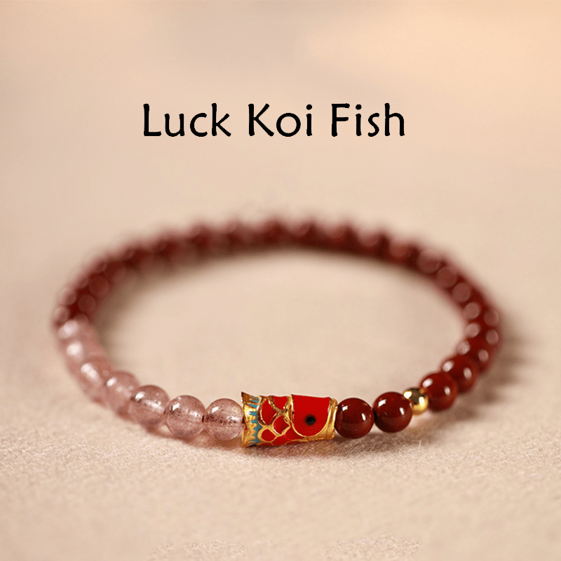 Bracelet porte-bonheur en quartz fraise , Buddha Stones naturelle de cinabre et cristal rose, poisson koï porte-bonheur - Cinabre 5 mm, quartz fraise et gros koï - image 1