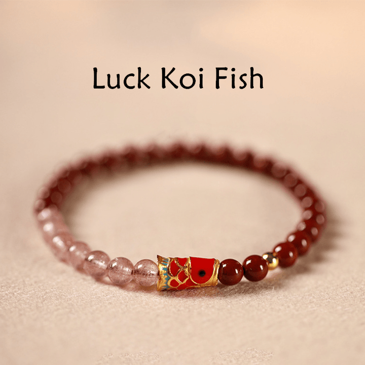 Bracelet porte-bonheur en quartz fraise , Buddha Stones naturelle de cinabre et cristal rose, poisson koï porte-bonheur - Cinabre 5 mm, quartz fraise et gros koï - image 1