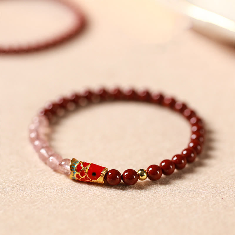 Bracelet porte-bonheur en quartz fraise , Buddha Stones naturelle de cinabre et cristal rose, poisson koï porte-bonheur - image 3