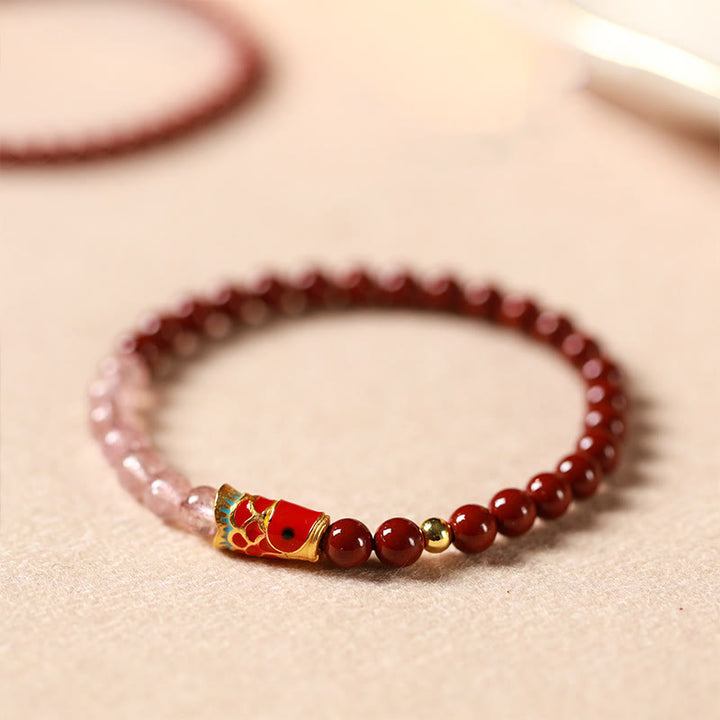 Bracelet porte-bonheur en quartz fraise , Buddha Stones naturelle de cinabre et cristal rose, poisson koï porte-bonheur - image 3
