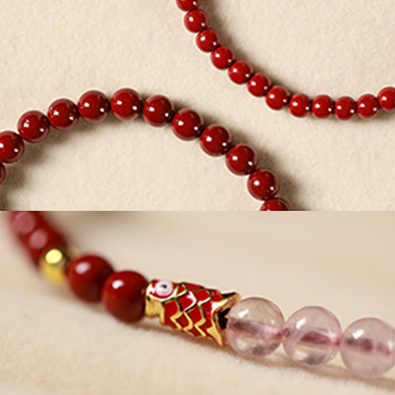 Bracelet porte-bonheur en quartz fraise , Buddha Stones naturelle de cinabre et cristal rose, poisson koï porte-bonheur - image 16