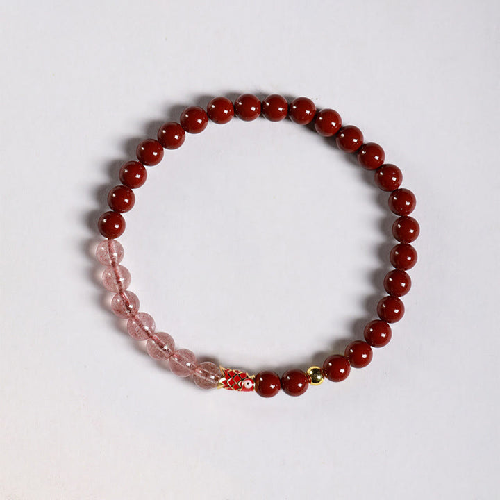 Bracelet porte-bonheur en quartz fraise , Buddha Stones naturelle de cinabre et cristal rose, poisson koï porte-bonheur - Cinabre 5 mm, quartz fraise et petite carpe koï - image 9