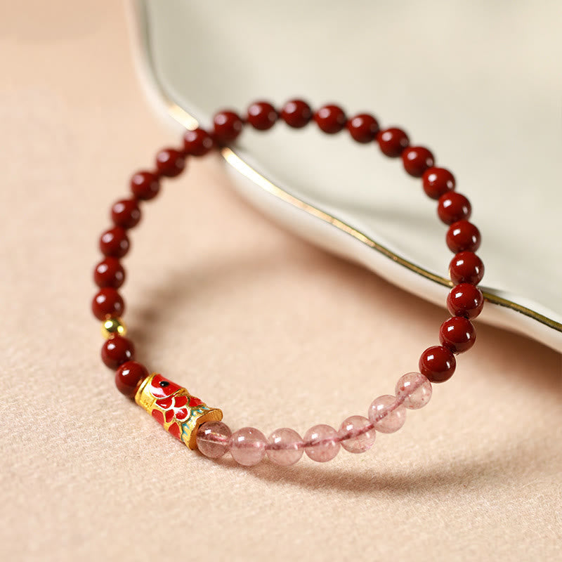 Bracelet porte-bonheur en quartz fraise , Buddha Stones naturelle de cinabre et cristal rose, poisson koï porte-bonheur - image 1