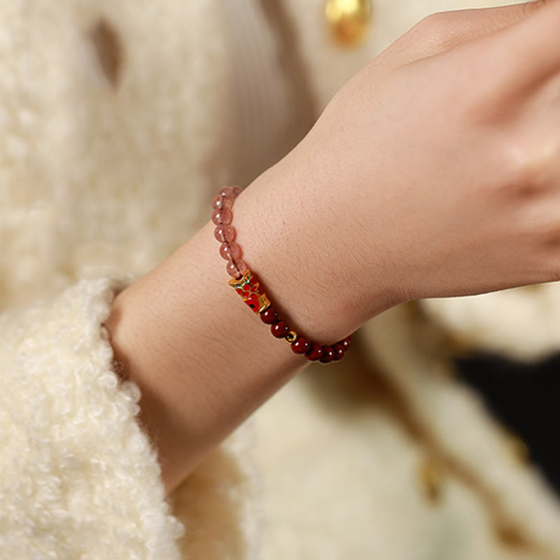 Bracelet porte-bonheur en quartz fraise , Buddha Stones naturelle de cinabre et cristal rose, poisson koï porte-bonheur - image 5