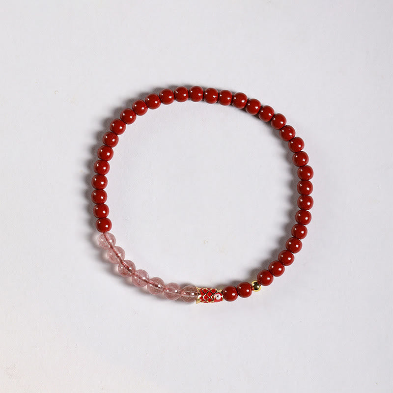 Bracelet porte-bonheur en quartz fraise , Buddha Stones naturelle de cinabre et cristal rose, poisson koï porte-bonheur - Cinabre 4 mm, quartz fraise et petites carpes koï - image 10
