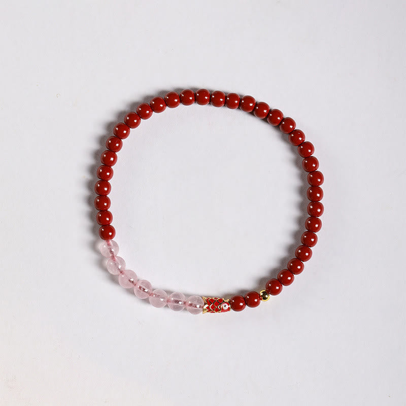Bracelet porte-bonheur en quartz fraise , Buddha Stones naturelle de cinabre et cristal rose, poisson koï porte-bonheur - Cinabre 4 mm, cristal rose et petit koï - image 12