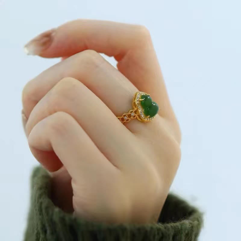 Bague de richesse réglable en or plaqué cuivre et calcédoine verte vintage Buddha Stones