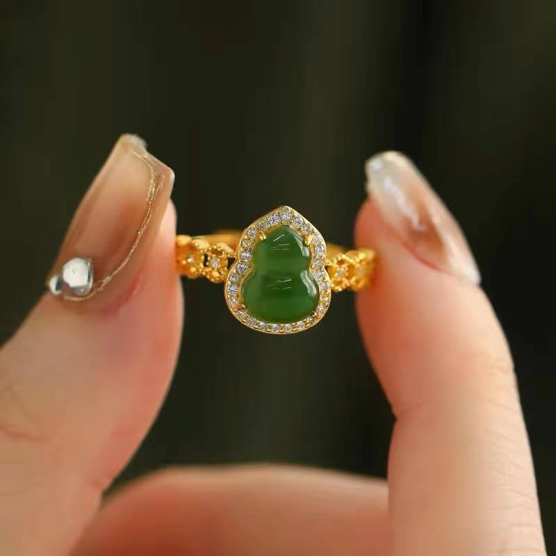 Bague de richesse réglable en or plaqué cuivre et calcédoine verte vintage Buddha Stones