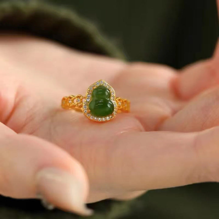 Bague de richesse réglable en or plaqué cuivre et calcédoine verte vintage Buddha Stones