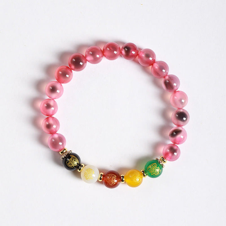 Bracelet d'harmonie en agate bonbon colorée naturelle avec Buddha Stones et cinq dieux de la richesse - Agate rose bonbon (tour de poignet : 14-15 cm) - image 4