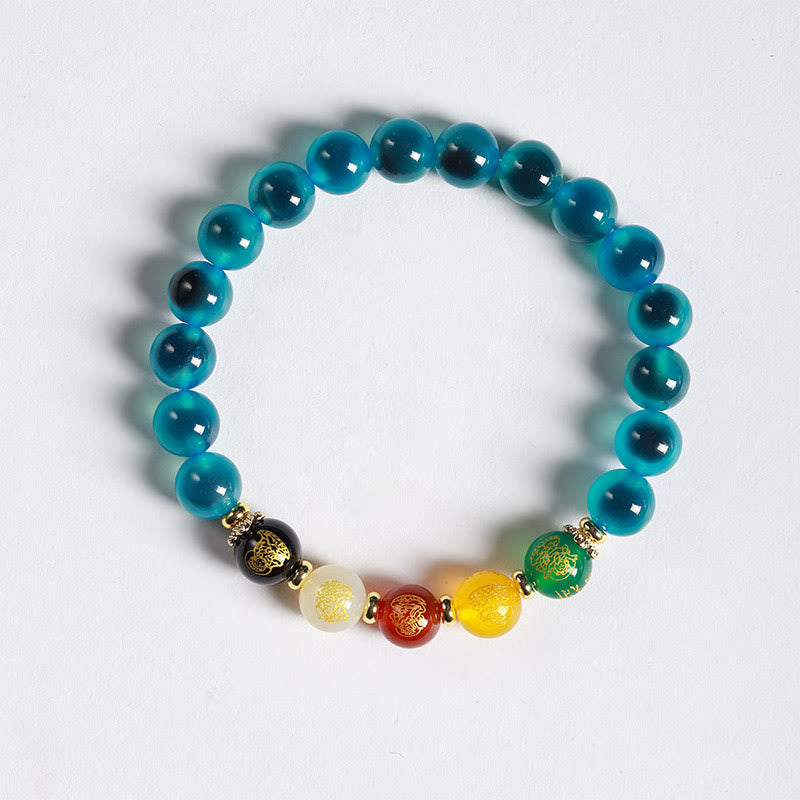 Bracelet d'harmonie en agate bonbon colorée naturelle avec Buddha Stones et cinq dieux de la richesse - Agate bonbon bleue (tour de poignet : 14-15 cm) - image 1