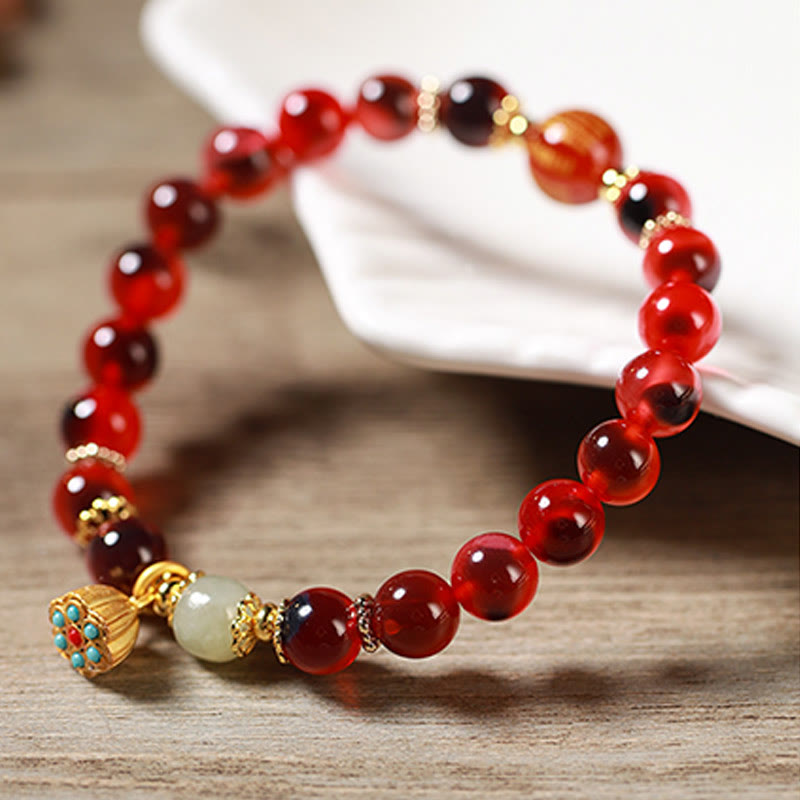 Bracelet de guérison en agate bonbon colorée naturelle et Buddha Stones , gousse de lotus dorée - image 18