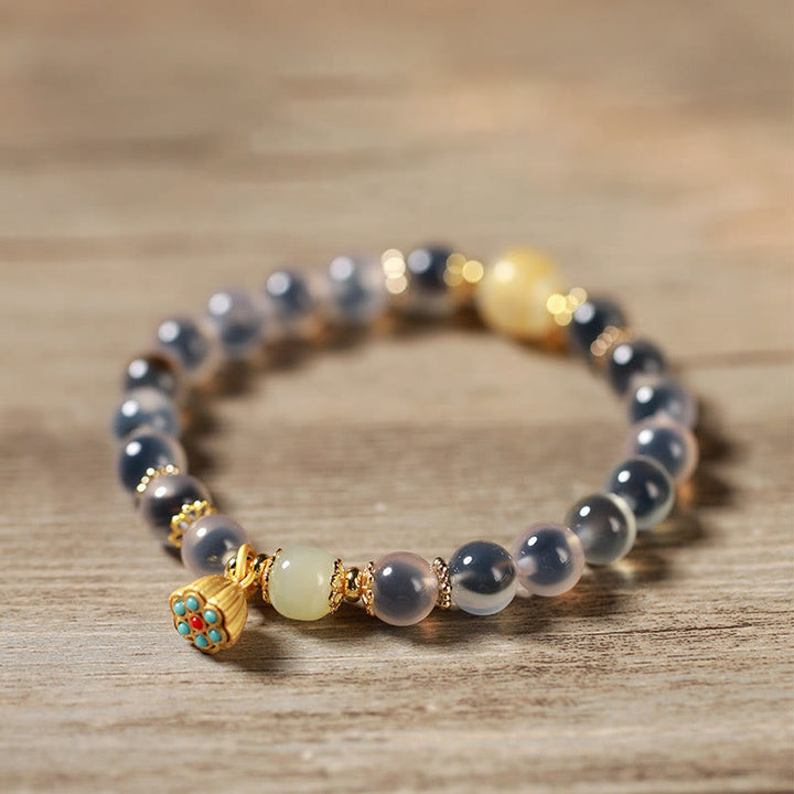 Bracelet de guérison en agate bonbon colorée naturelle et Buddha Stones , gousse de lotus dorée - image 13