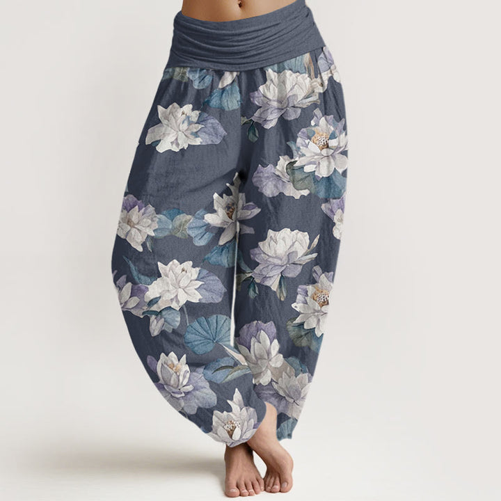 Pantalon harem femme en coton à imprimé lotus élégant et décontracté avec Buddha Stones et taille élastique - Gris ardoise clair - US22，UK/AU26，EU54 (6XL) - image 0