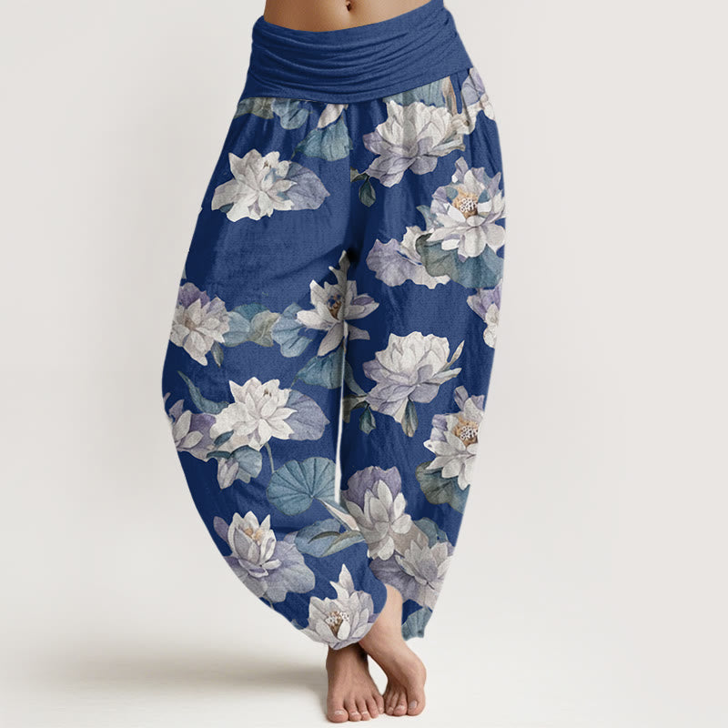 Pantalon sarouel décontracté et élégant à imprimé lotus pour femme, taille élastique, motif Buddha Stones - Bleu royal - US22，UK/AU26，EU54 (6XL) - image 4