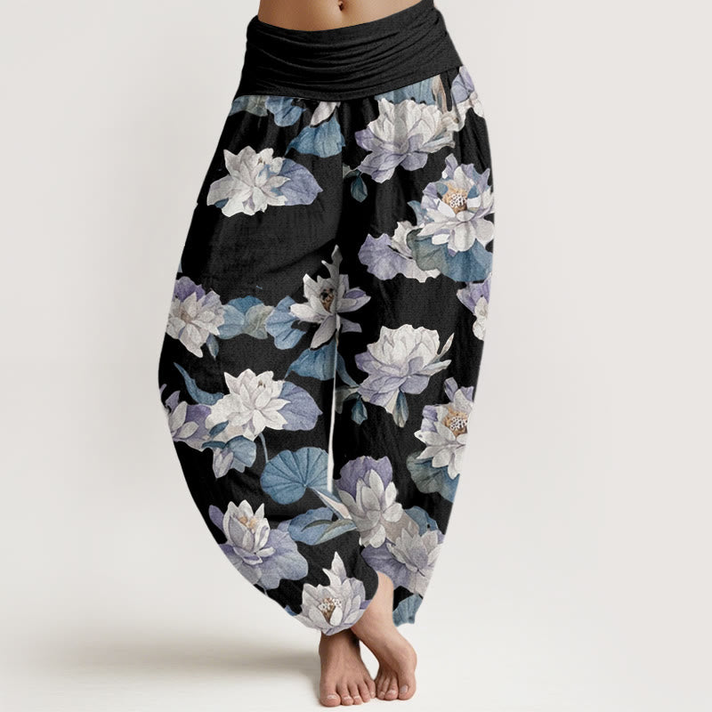Pantalon sarouel décontracté et élégant à imprimé lotus pour femme, taille élastique, motif Buddha Stones - Noir - US22，UK/AU26，EU54 (6XL) - image 8