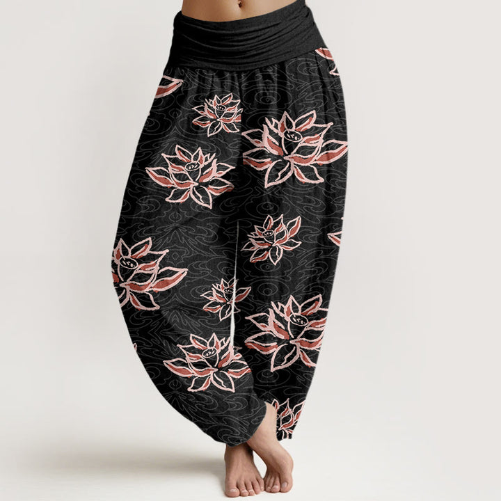 Pantalon sarouel décontracté à taille élastique pour femme avec motif de lotus et Buddha Stones - Noir - US22，UK/AU26，EU54 (6XL) - image 0