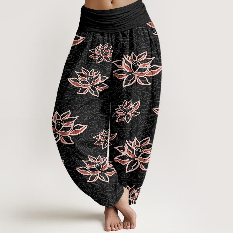 Pantalon harem à taille élastique pour femme, en coton à motif lotus et Buddha Stones - Noir - US22，UK/AU26，EU54 (6XL) - image 0