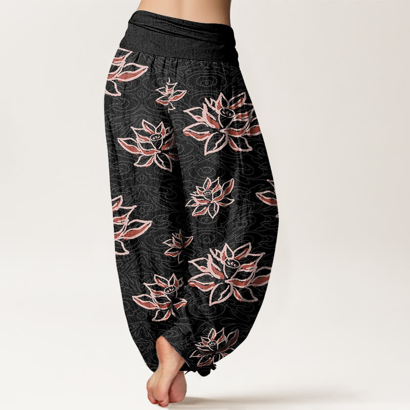 Pantalon harem à taille élastique pour femme, en coton à motif lotus et Buddha Stones - image 2