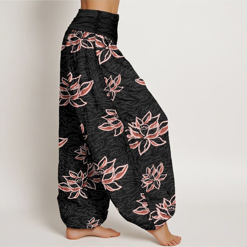 Pantalon harem à taille élastique pour femme, en coton à motif lotus et Buddha Stones - image 1