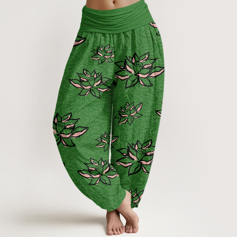 Pantalon sarouel décontracté à taille élastique pour femme avec motif de lotus et Buddha Stones - Forêt Verte - US22，UK/AU26，EU54 (6XL) - image 5