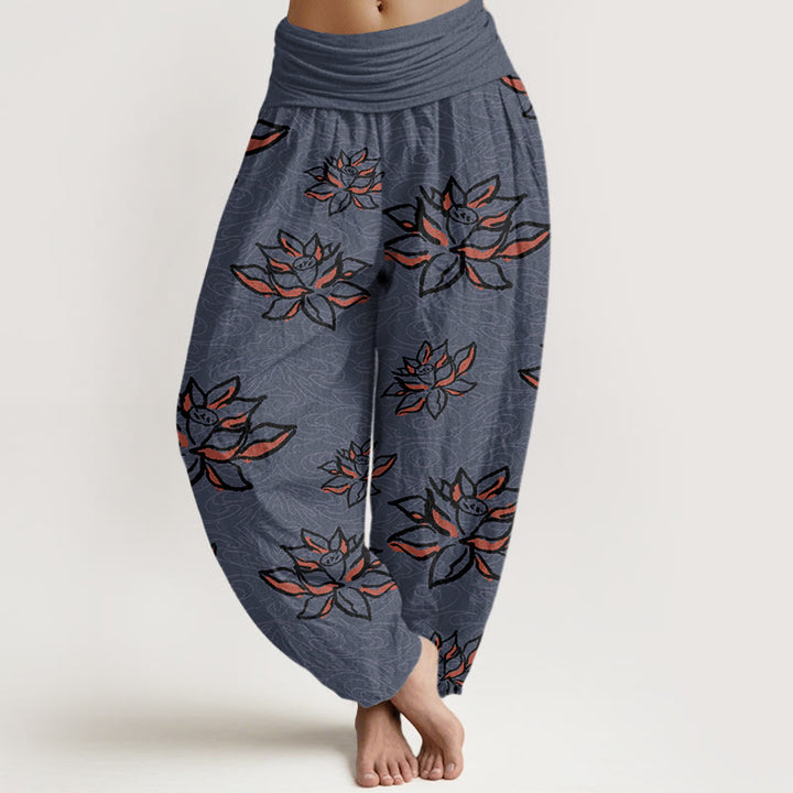 Pantalon harem à taille élastique pour femme, en coton à motif lotus et Buddha Stones - Bleu nuit - US22，UK/AU26，EU54 (6XL) - image 7