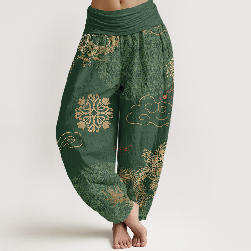 Pantalon sarouel décontracté à taille élastique pour femme, motif dragon doré et nuage de bon augure, Buddha Stones - Vert forêt - US22，UK/AU26，EU54 (6XL) - image 0