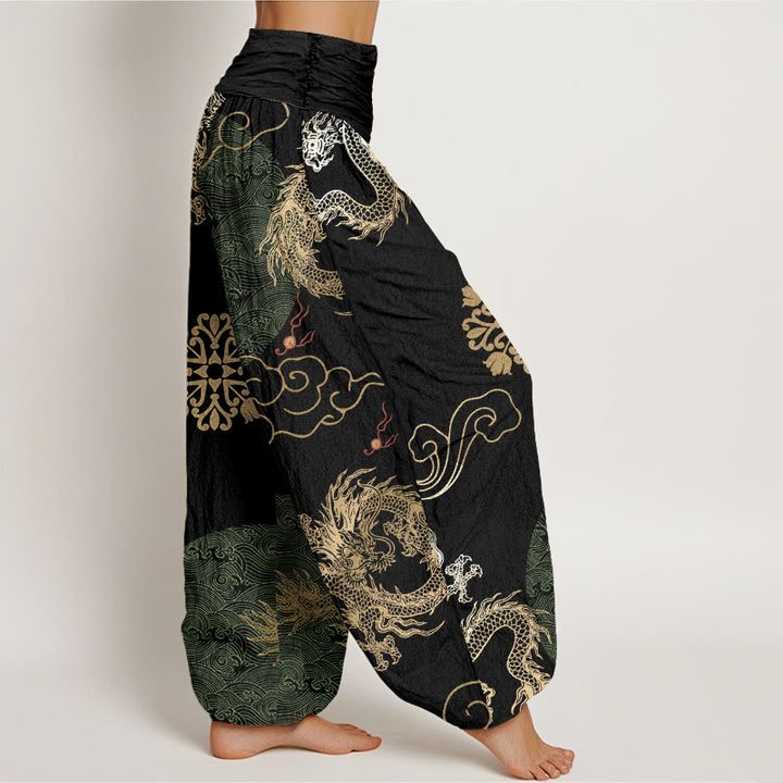 Pantalon harem à taille élastique pour femme, en coton décontracté, orné de Buddha Stones , de dragons dorés et de nuages ​​porte-bonheur. - image 5