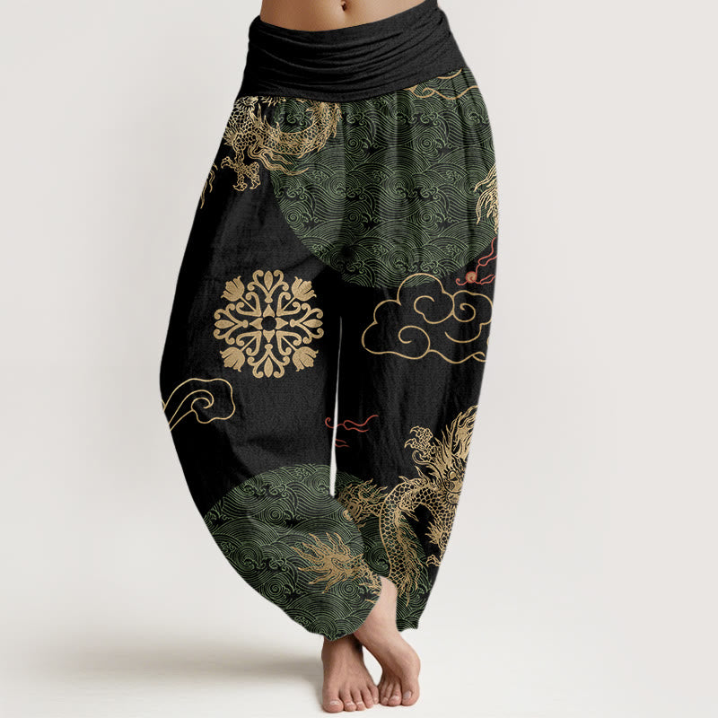 Pantalon harem à taille élastique pour femme, en coton décontracté, orné de Buddha Stones , de dragons dorés et de nuages ​​porte-bonheur. - Noir - US22，UK/AU26，EU54 (6XL) - image 4
