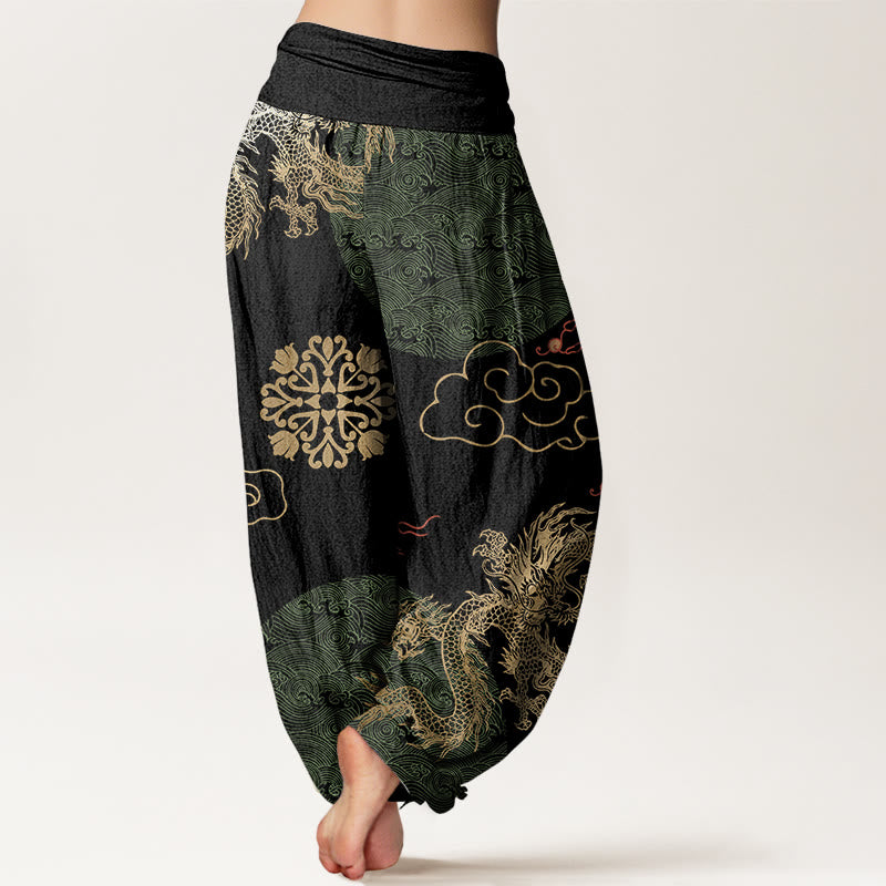 Pantalon harem à taille élastique pour femme, en coton décontracté, orné de Buddha Stones , de dragons dorés et de nuages ​​porte-bonheur. - image 6