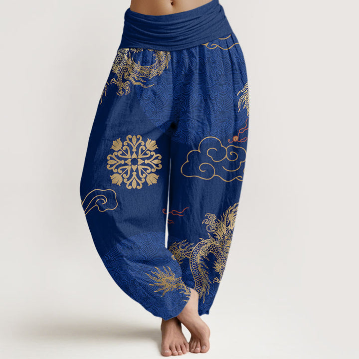 Pantalon harem à taille élastique pour femme, en coton décontracté, orné de Buddha Stones , de dragons dorés et de nuages ​​porte-bonheur. - Bleu moyen - US22，UK/AU26，EU54 (6XL) - image 7