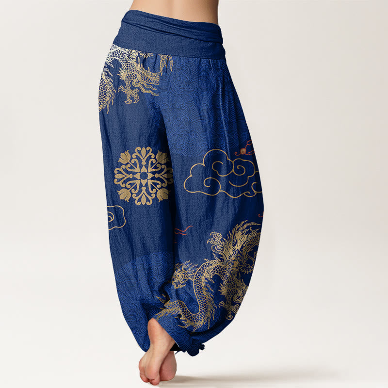 Pantalon harem à taille élastique pour femme, en coton décontracté, orné de Buddha Stones , de dragons dorés et de nuages ​​porte-bonheur. - image 9