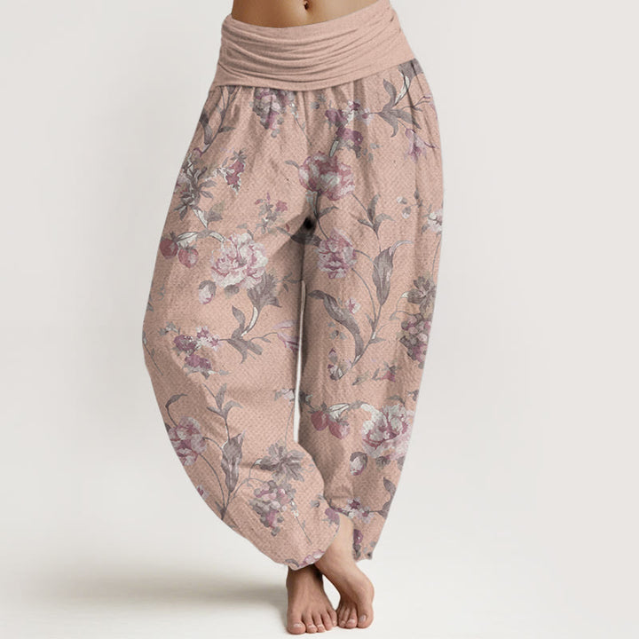 Pantalon Buddha Stones décontracté en pur coton avec motif de fleurs roses et taille élastique pour femme
