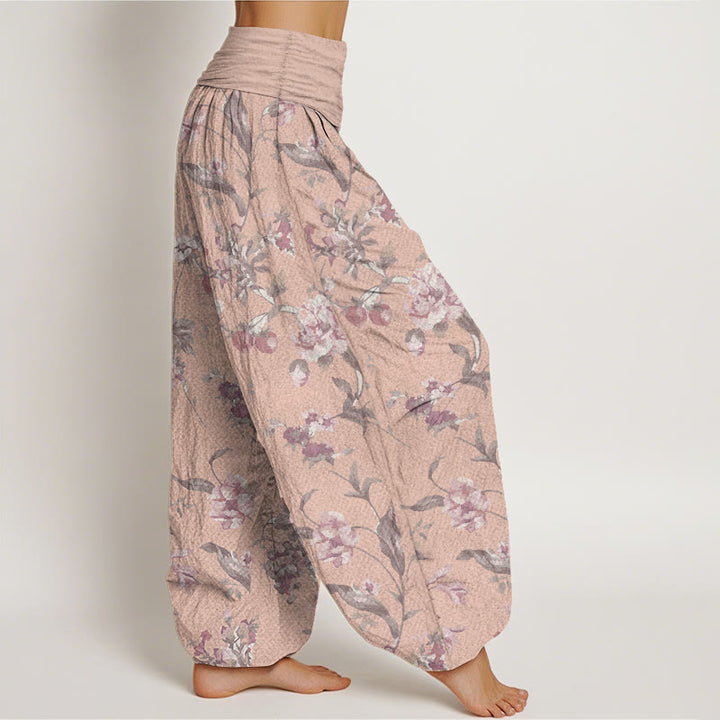 Pantalon Buddha Stones décontracté en pur coton avec motif de fleurs roses et taille élastique pour femme