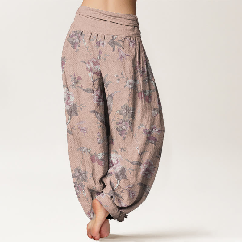 Pantalon Buddha Stones décontracté en pur coton avec motif de fleurs roses et taille élastique pour femme