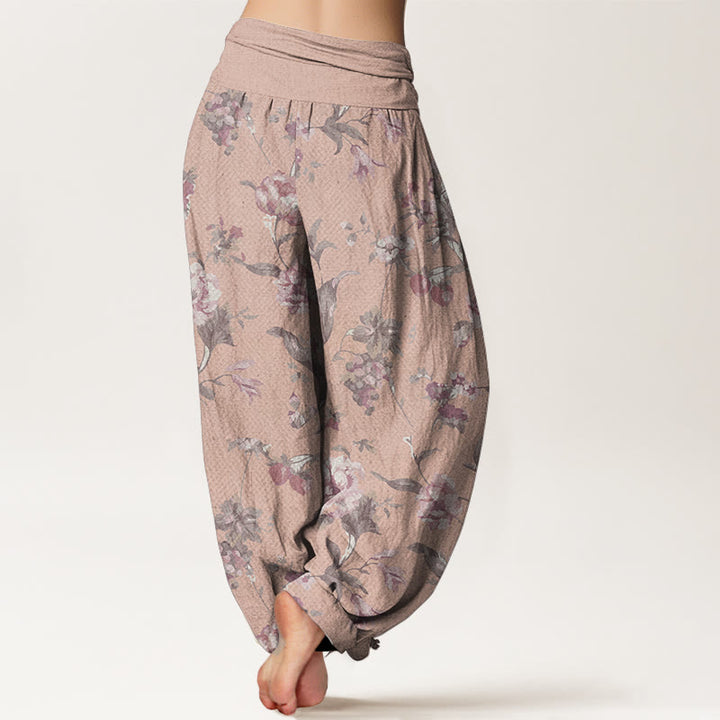 Pantalon Buddha Stones décontracté en pur coton avec motif de fleurs roses et taille élastique pour femme