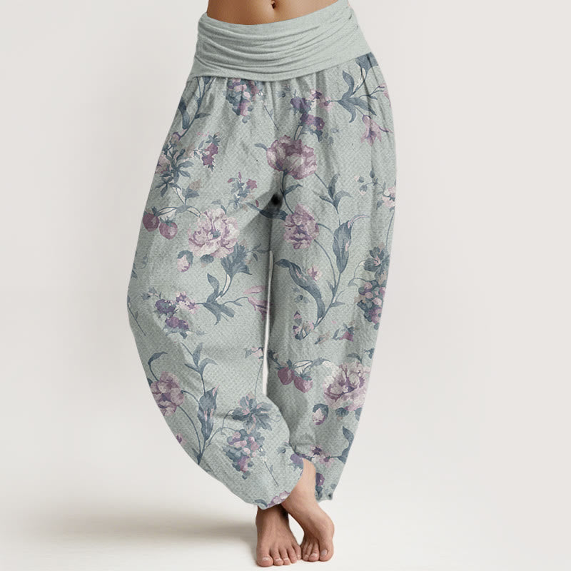 Pantalon Buddha Stones décontracté en pur coton avec motif de fleurs roses et taille élastique pour femme