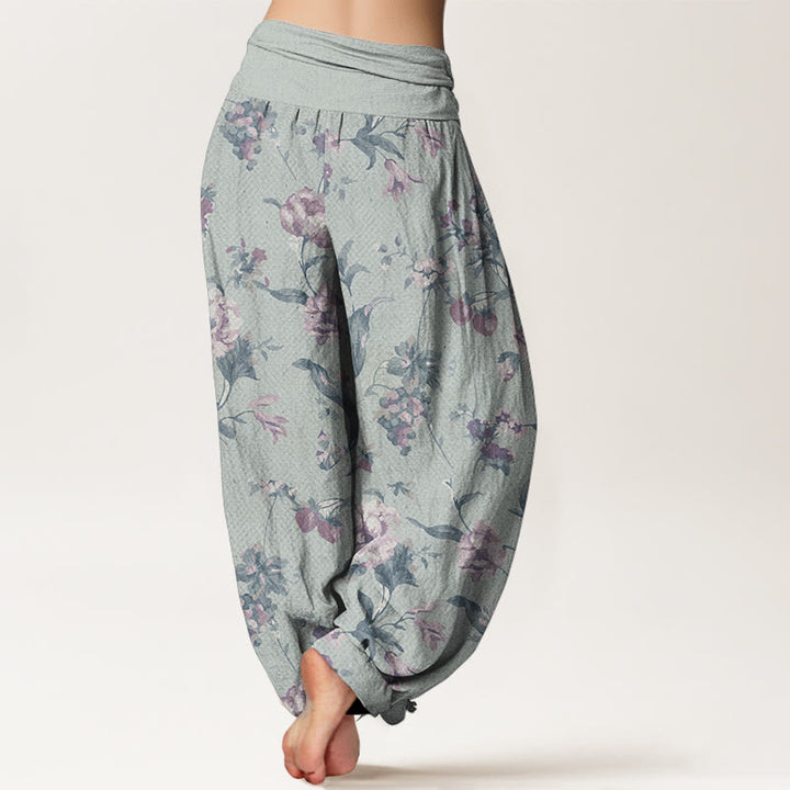 Pantalon Buddha Stones décontracté en pur coton avec motif de fleurs roses et taille élastique pour femme