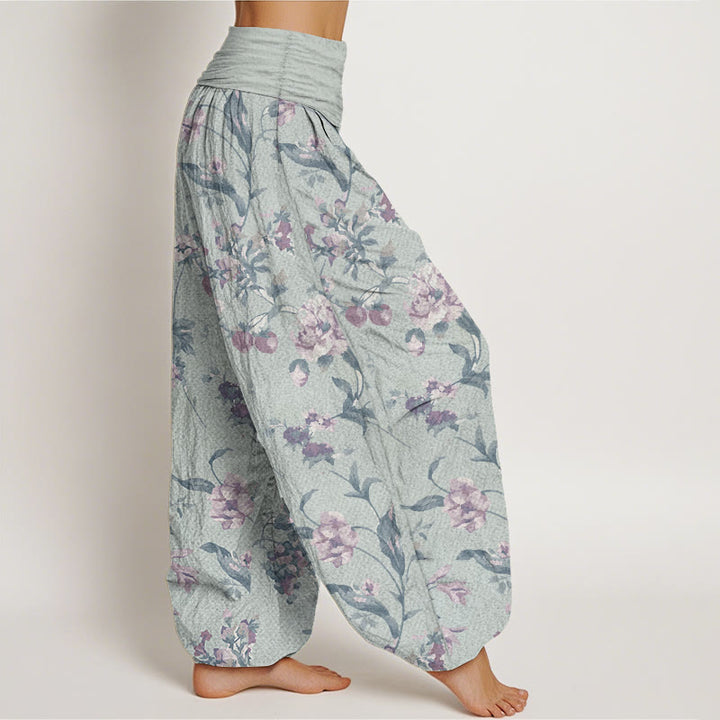 Pantalon Buddha Stones décontracté en pur coton avec motif de fleurs roses et taille élastique pour femme