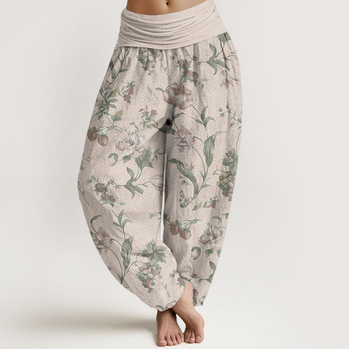 Pantalon Buddha Stones décontracté en pur coton avec motif de fleurs roses et taille élastique pour femme