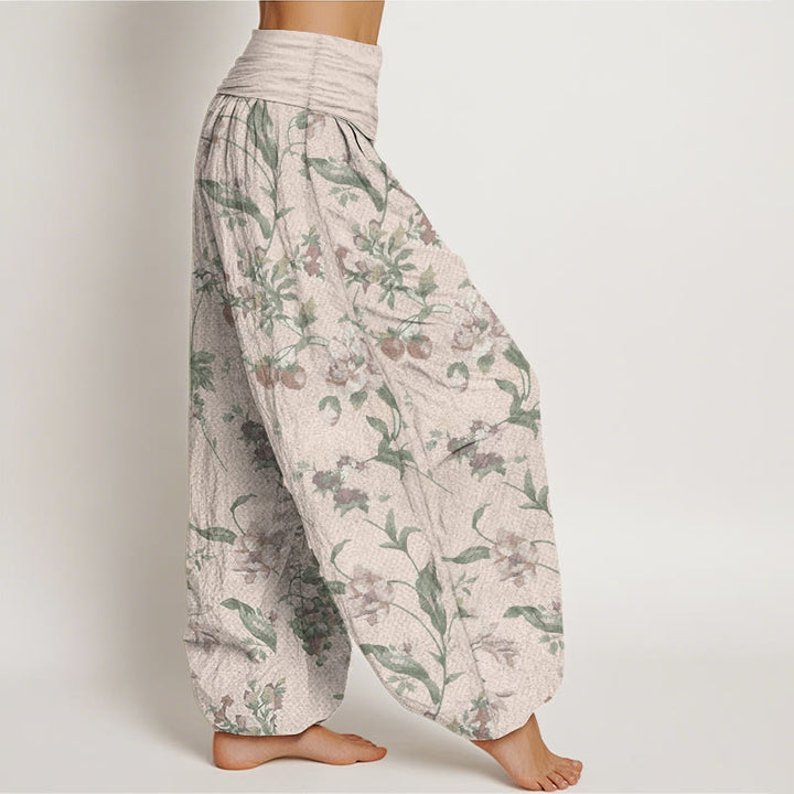 Pantalon Buddha Stones décontracté en pur coton avec motif de fleurs roses et taille élastique pour femme
