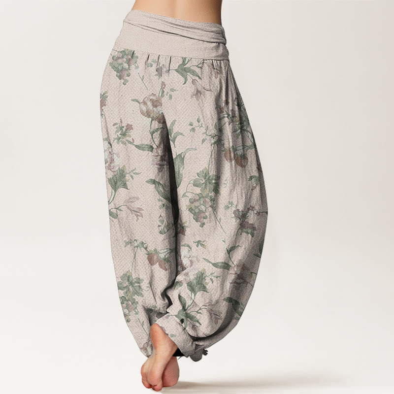 Pantalon Buddha Stones décontracté en pur coton avec motif de fleurs roses et taille élastique pour femme