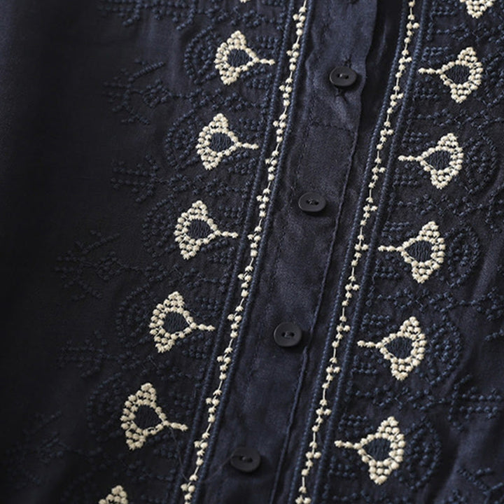 Chemise femme à manches mi-longues en coton et lin avec broderie symétrique Buddha Stones - image 5