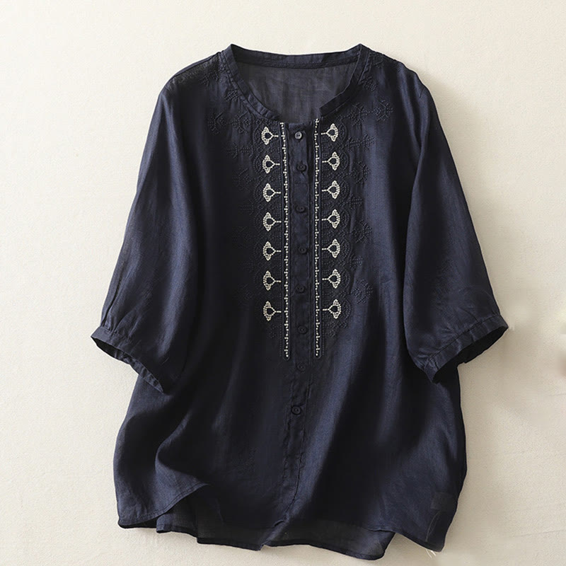 Chemise femme à manches mi-longues en coton et lin avec broderie symétrique Buddha Stones - Bleu nuit - US8-10，UK/AU12-14，EU40-42 (2XL) - image 0